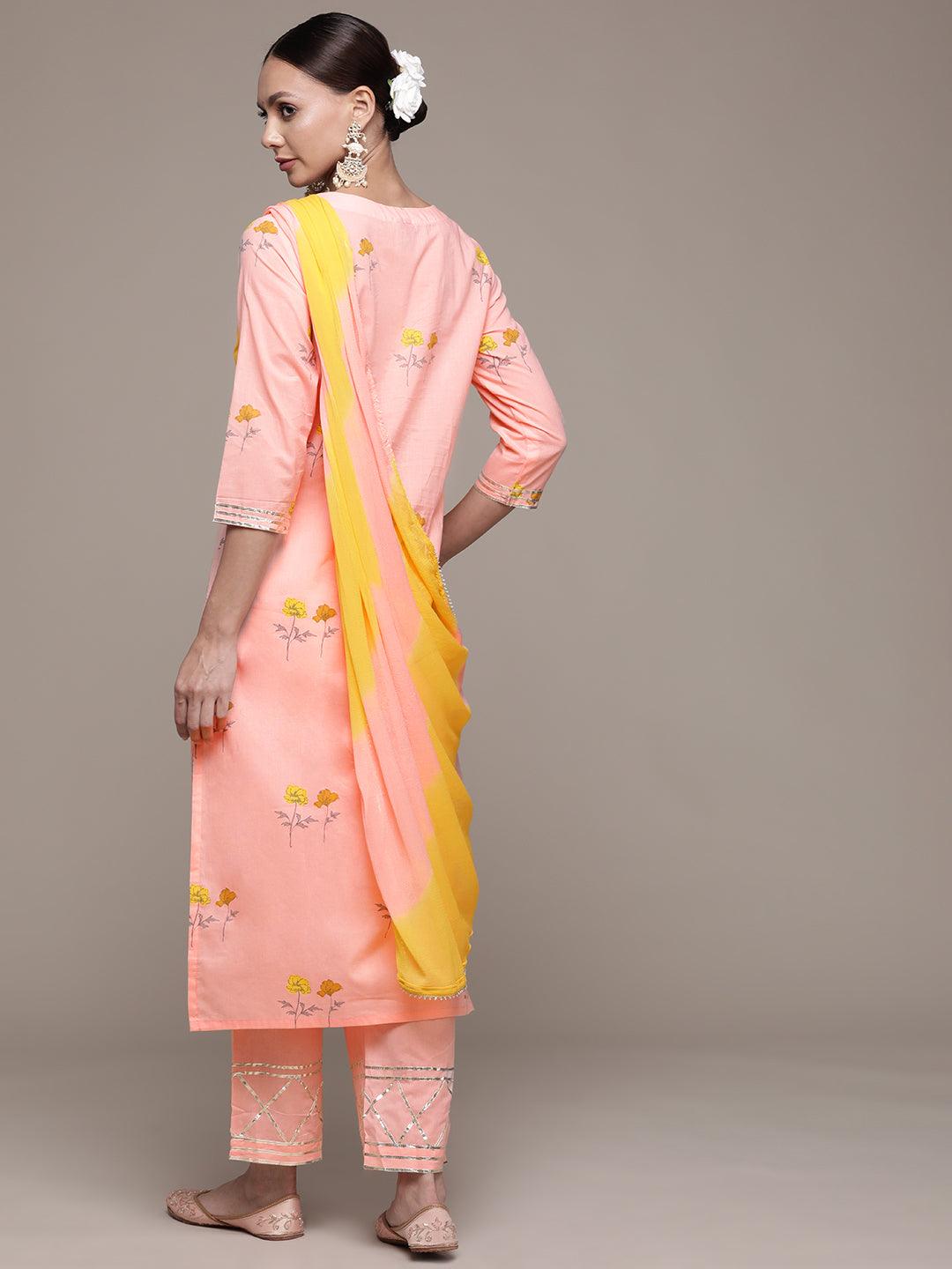 Women's Pink Yoke Embroidered A-Line Kurta With Trouser & Dupatta - Ishin - Indiakreations