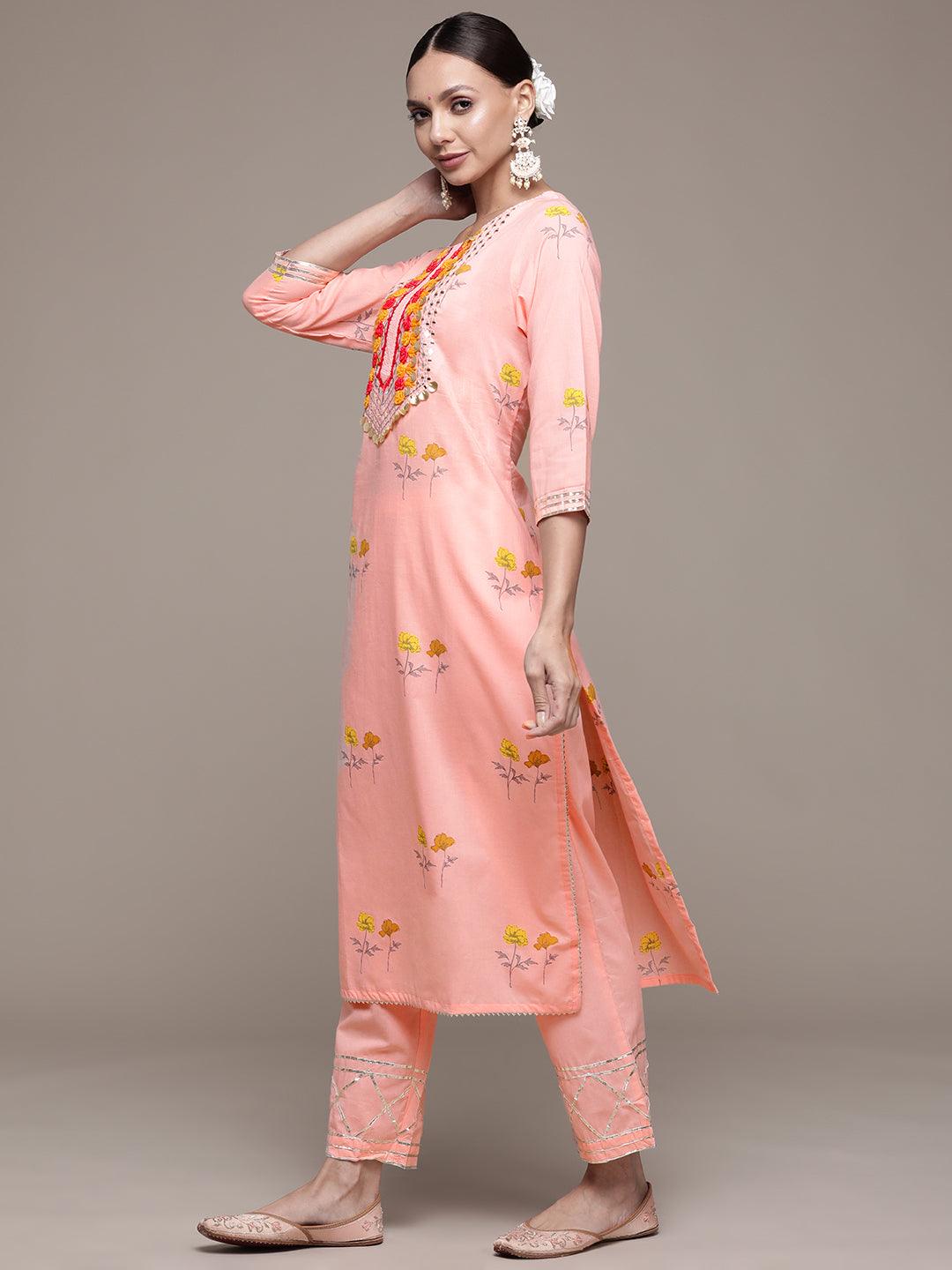 Women's Pink Yoke Embroidered A-Line Kurta With Trouser & Dupatta - Ishin - Indiakreations