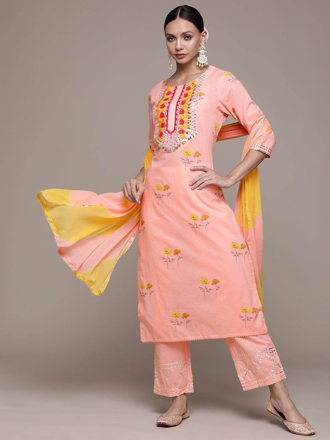 Women's Pink Yoke Embroidered A-Line Kurta With Trouser & Dupatta - Ishin - Indiakreations