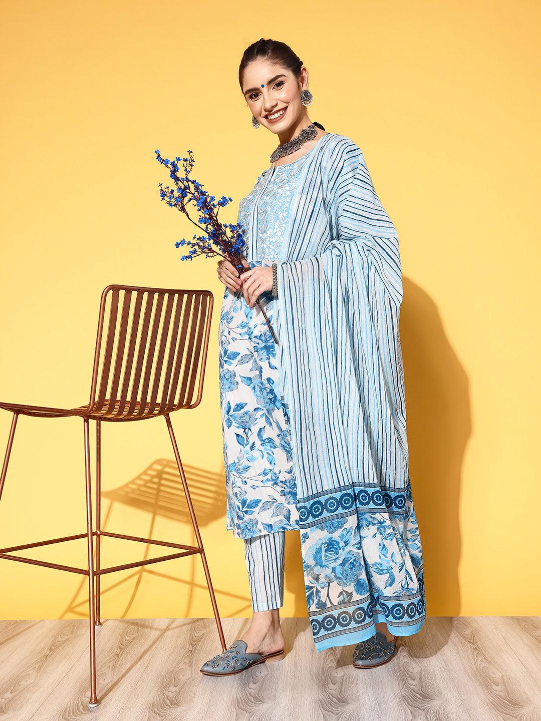 Women's Blue Yoke Embroidered A-Line Kurta With Trouser & Dupatta - Ishin - Indiakreations