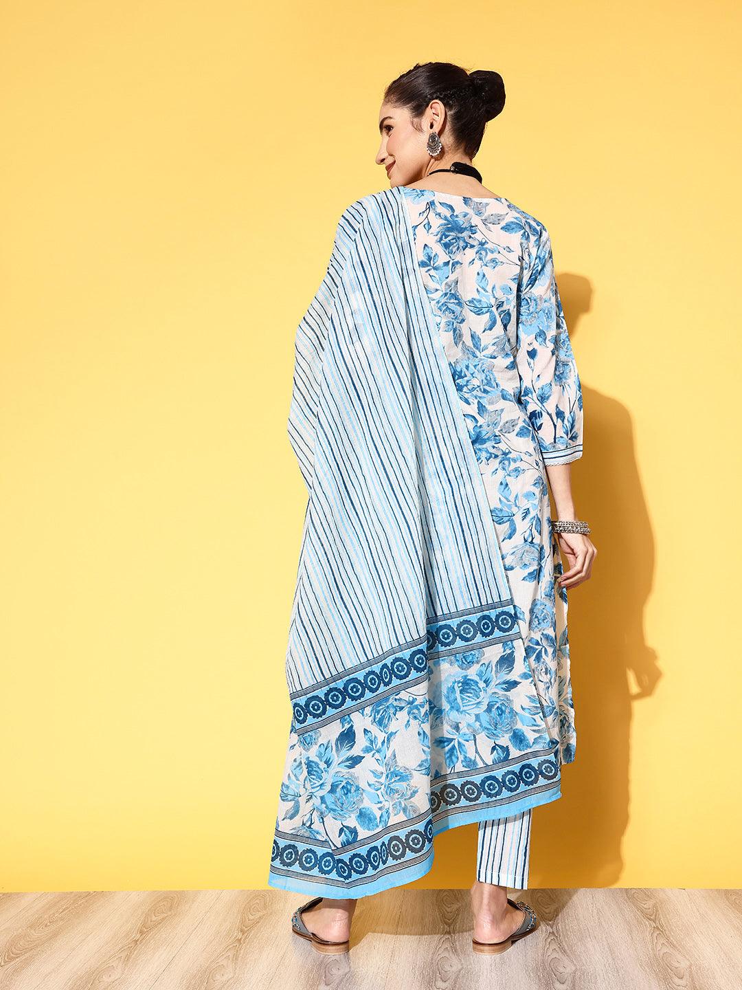 Women's Blue Yoke Embroidered A-Line Kurta With Trouser & Dupatta - Ishin - Indiakreations