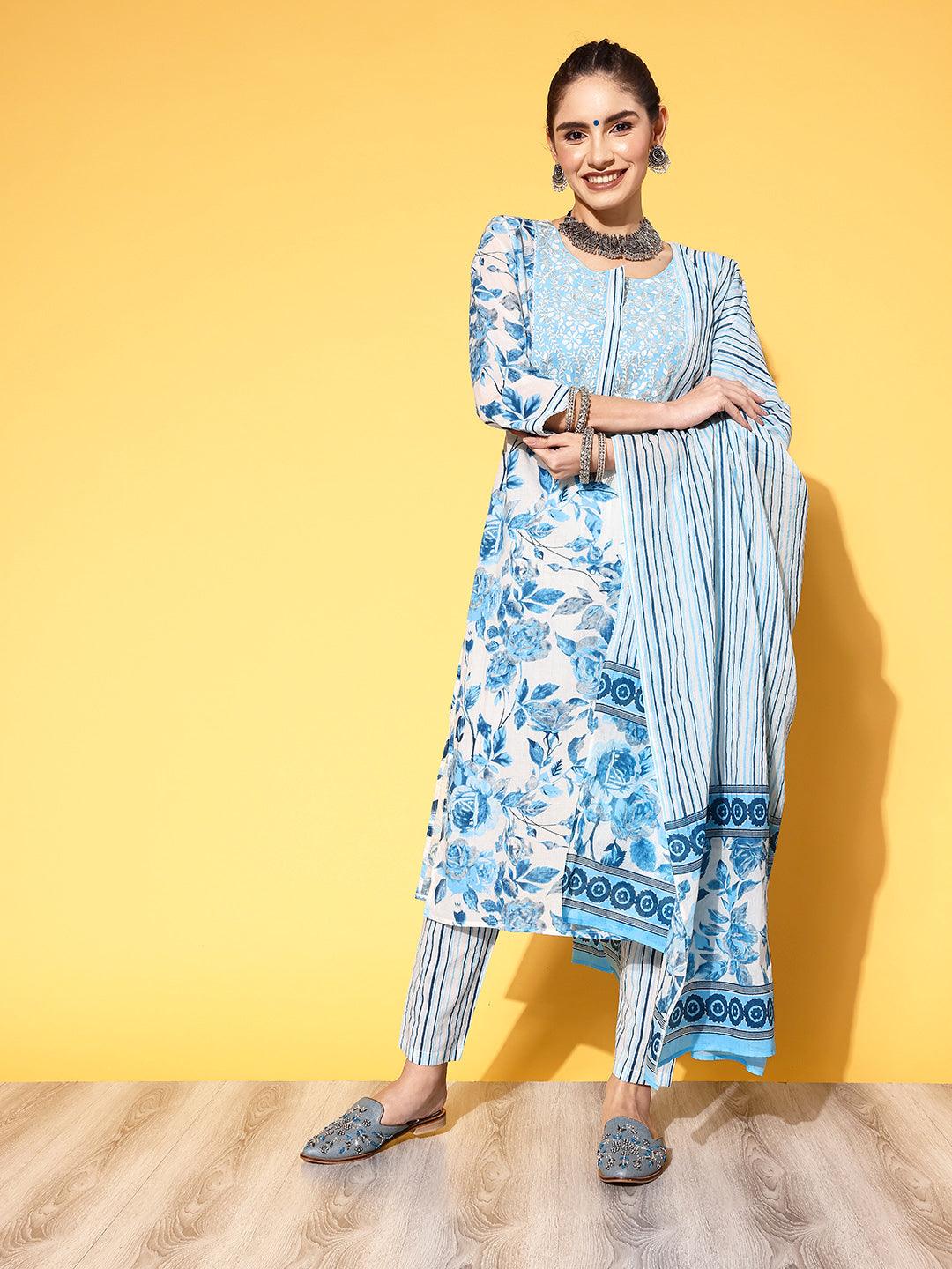 Women's Blue Yoke Embroidered A-Line Kurta With Trouser & Dupatta - Ishin - Indiakreations