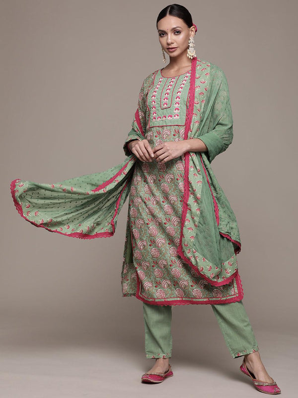 Women's Green Embroidered A-Line Kurta With Trouser & Dupatta - Ishin - Indiakreations