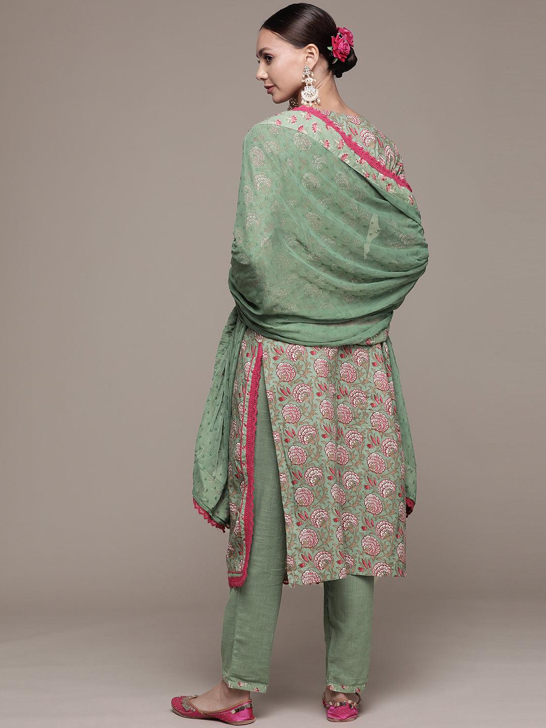 Women's Green Embroidered A-Line Kurta With Trouser & Dupatta - Ishin - Indiakreations