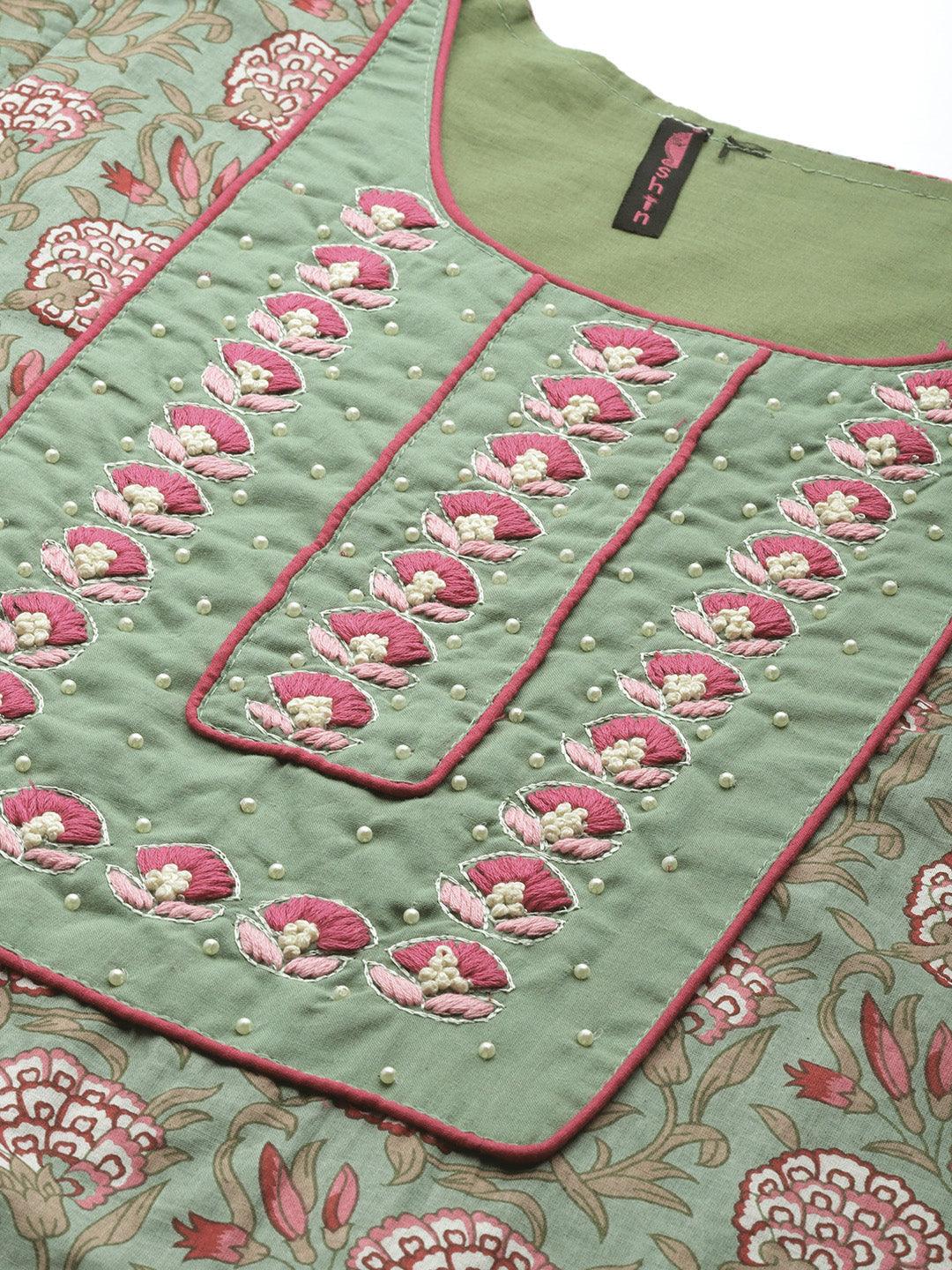 Women's Green Embroidered A-Line Kurta With Trouser & Dupatta - Ishin - Indiakreations