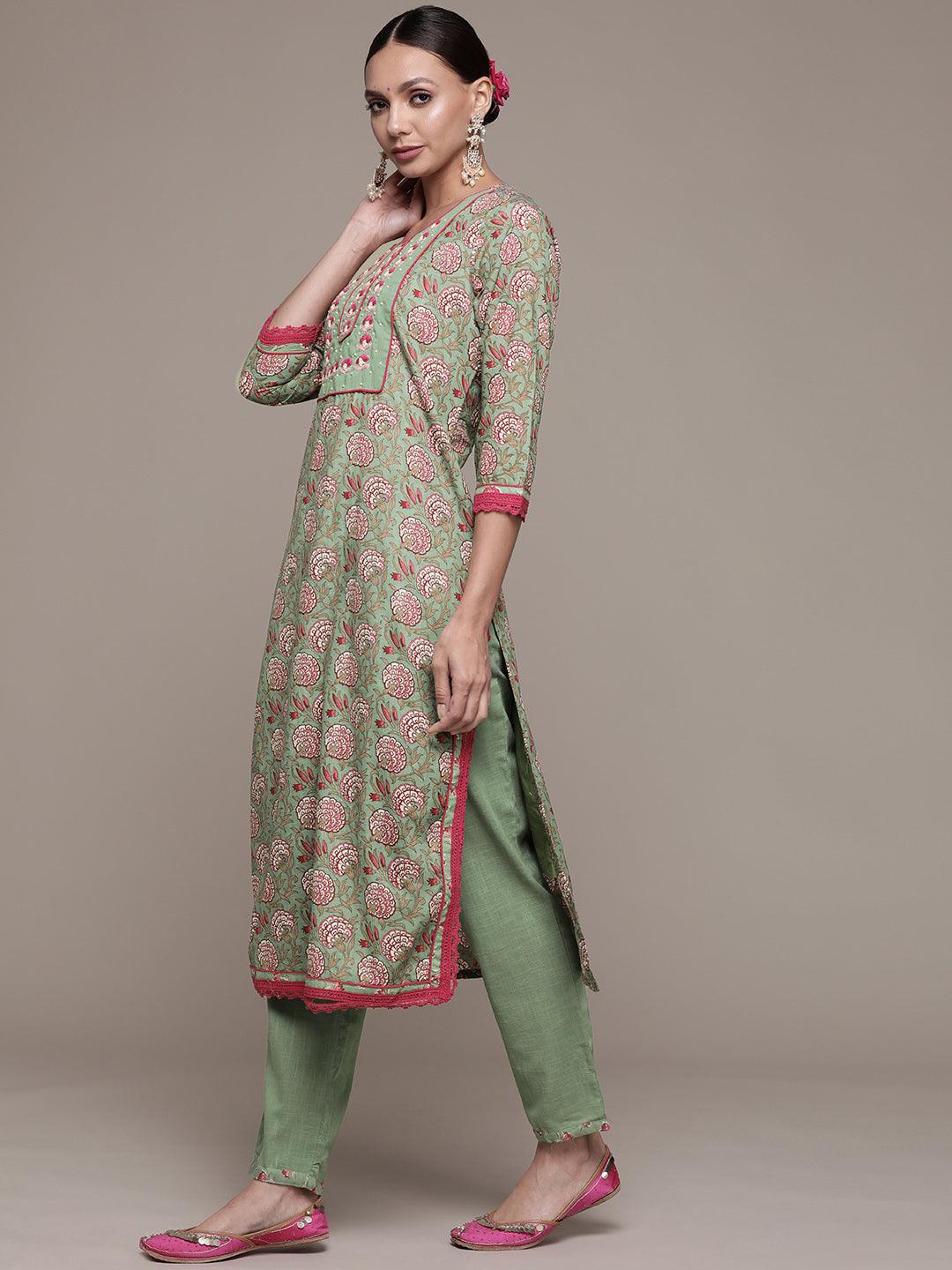 Women's Green Embroidered A-Line Kurta With Trouser & Dupatta - Ishin - Indiakreations