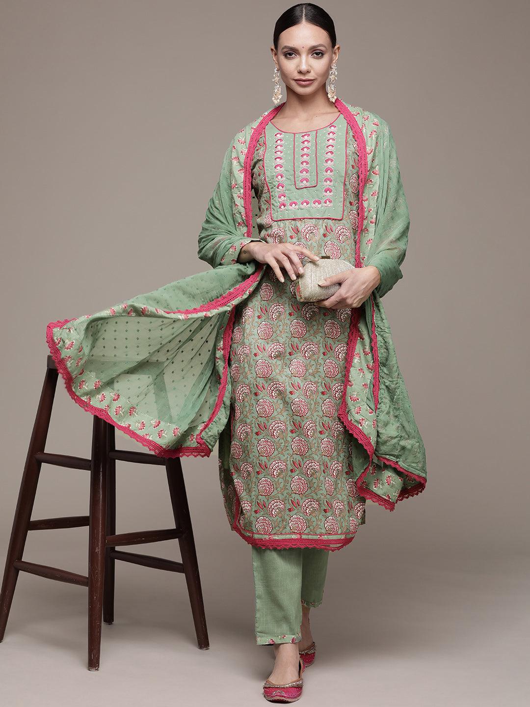 Women's Green Embroidered A-Line Kurta With Trouser & Dupatta - Ishin - Indiakreations