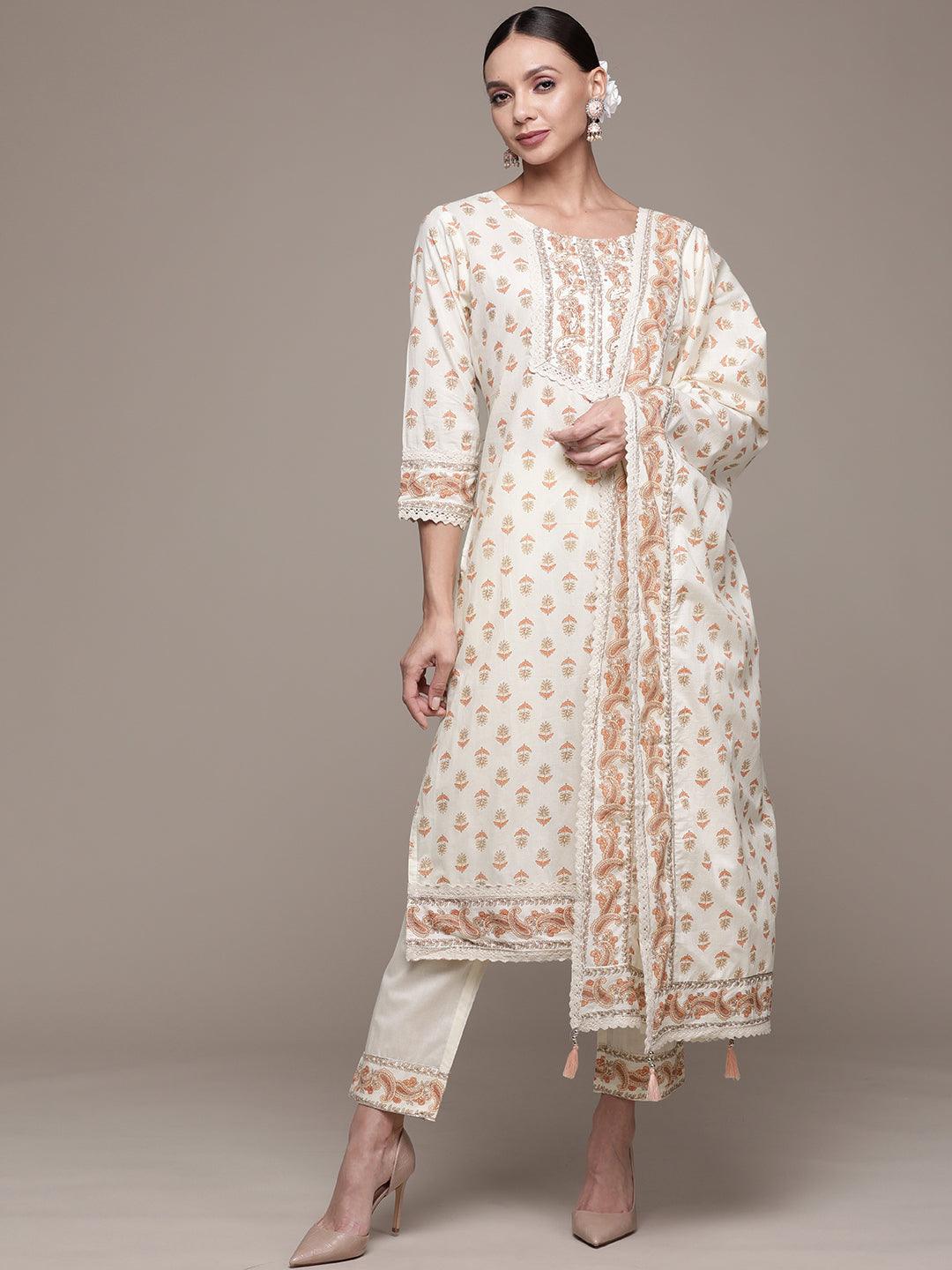 Women's Cotton Cream Embroidered A-Line Kurta Trouser Dupatta Set - Ishin - Indiakreations