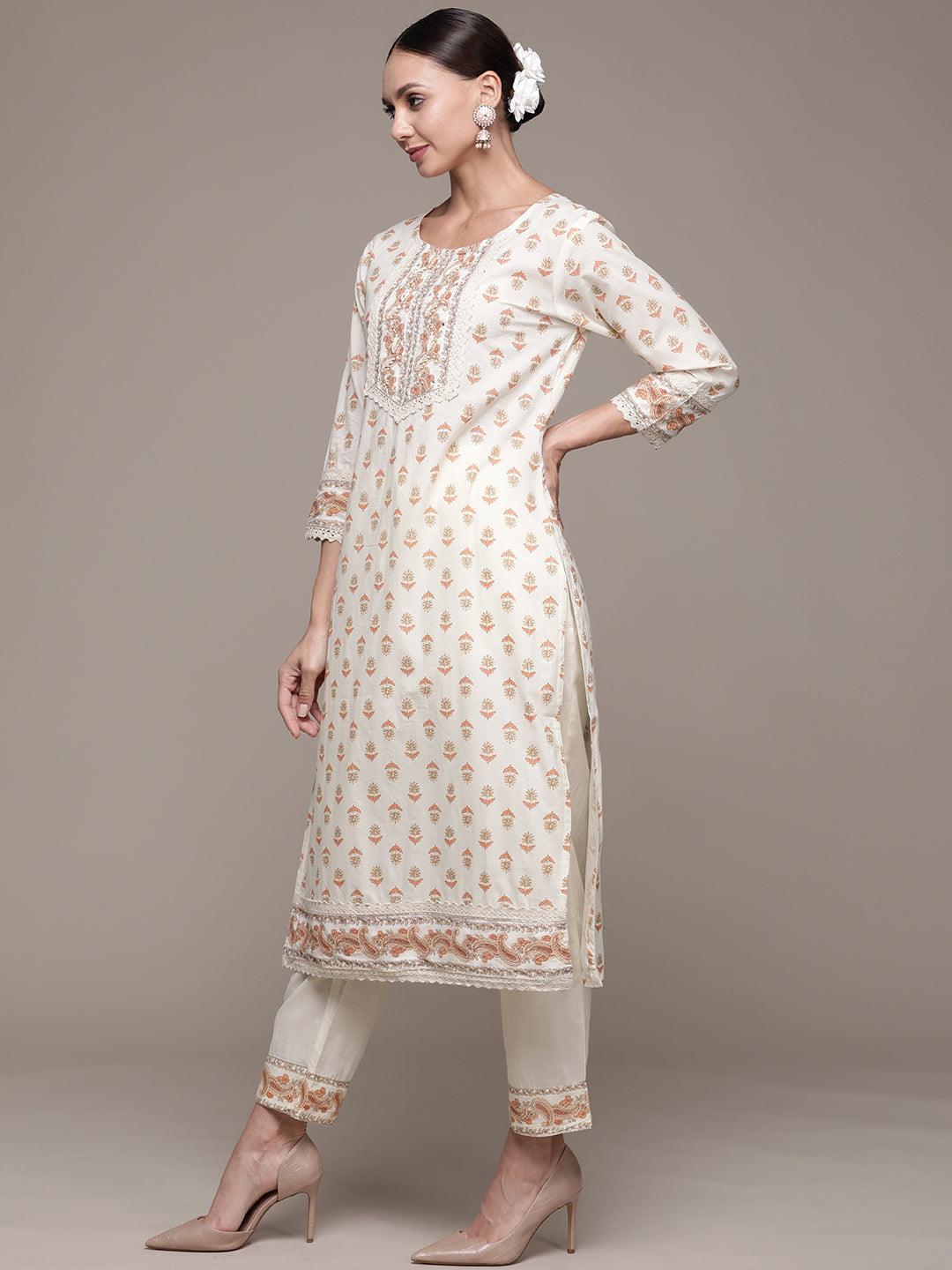 Women's Cotton Cream Embroidered A-Line Kurta Trouser Dupatta Set - Ishin - Indiakreations