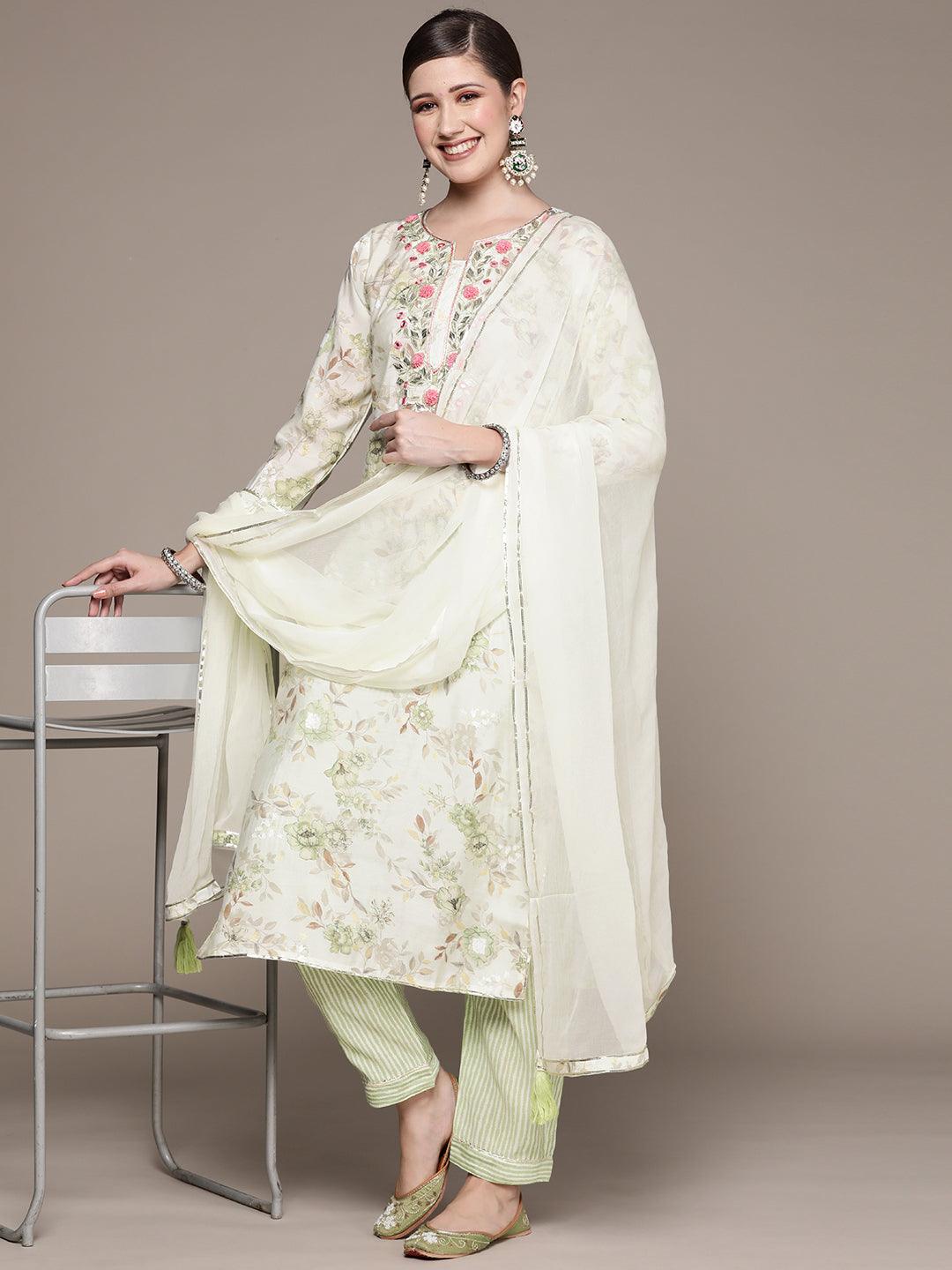 Women's Off White Gotta Patti A-Line Kurta With Trouser & Dupatta - Ishin - Indiakreations