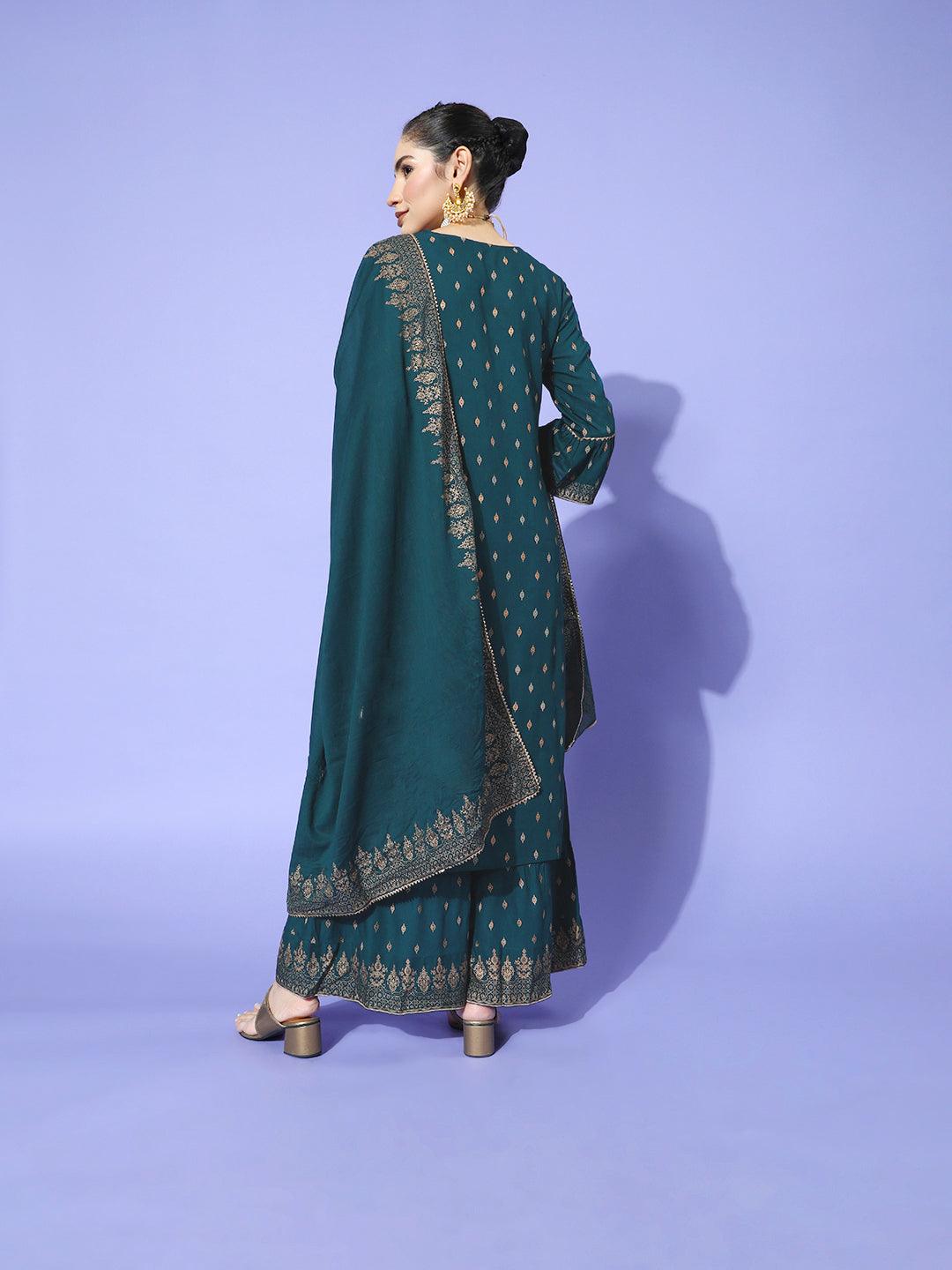 Women's Navy Blue Yoke Embroidered A-Line Kurta Sharara Dupatta Set - Ishin - Indiakreations