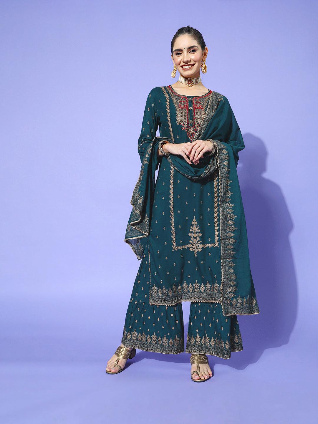 Women's Navy Blue Yoke Embroidered A-Line Kurta Sharara Dupatta Set - Ishin - Indiakreations