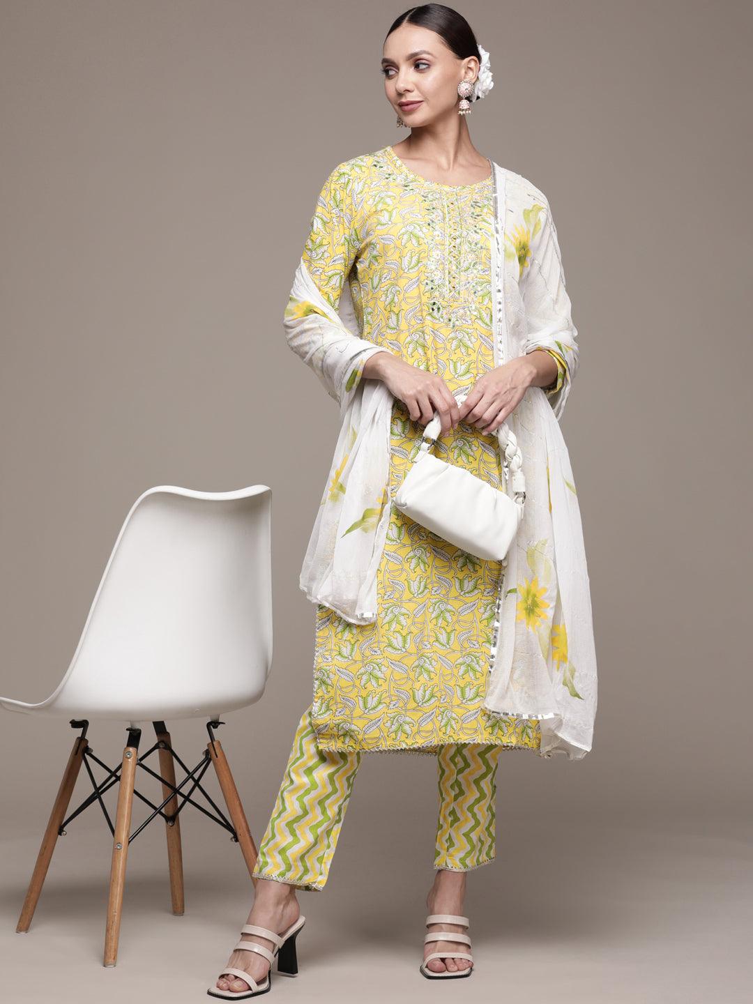 Women's Cotton Yellow Embroidered A-Line Kurta Trouser Dupatta Set - Ishin - Indiakreations