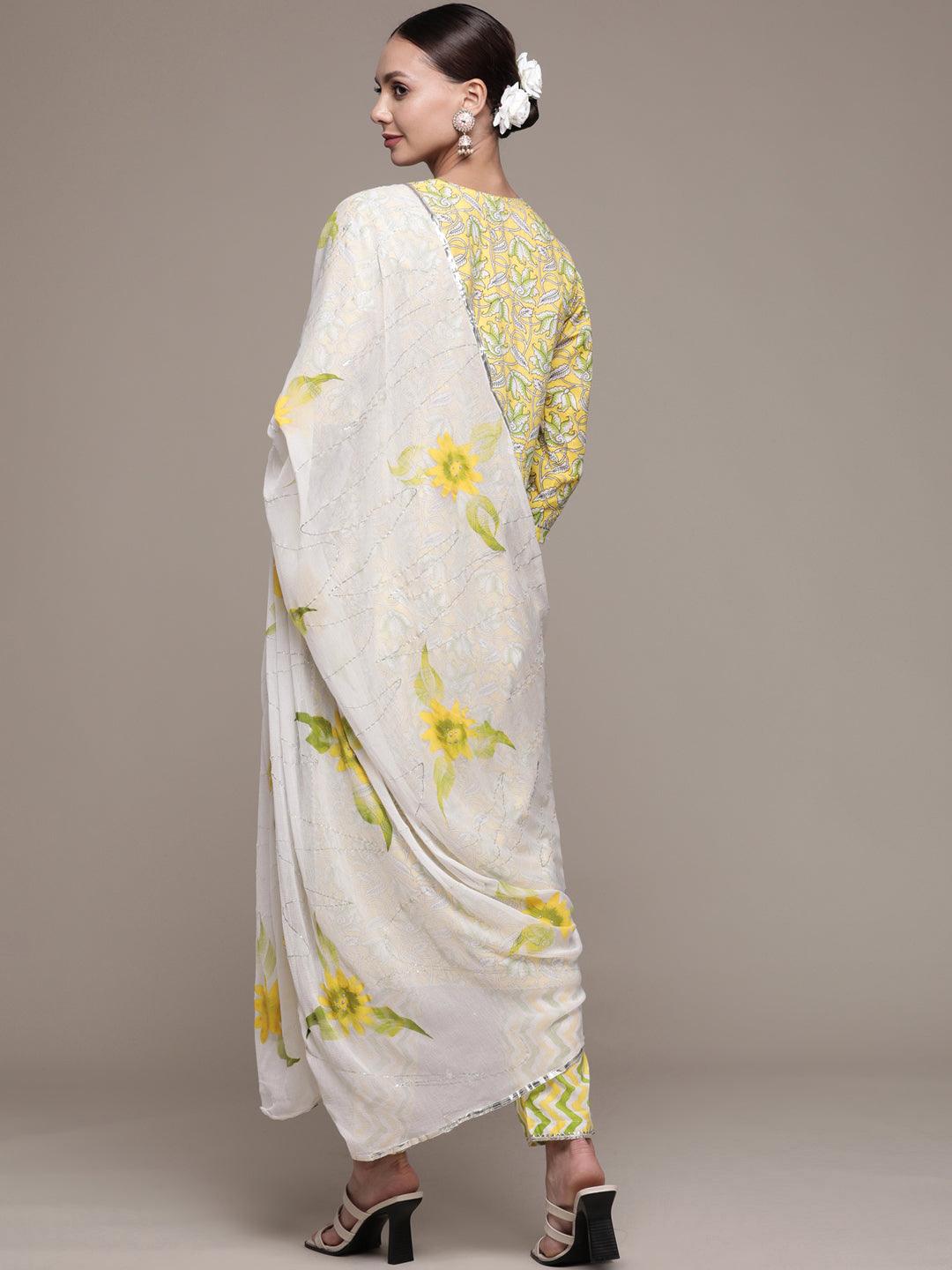 Women's Cotton Yellow Embroidered A-Line Kurta Trouser Dupatta Set - Ishin - Indiakreations