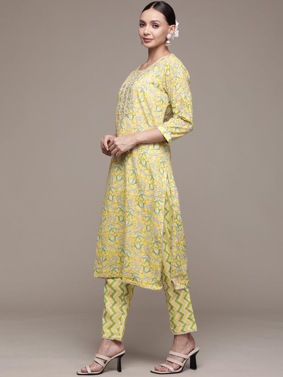 Women's Cotton Yellow Embroidered A-Line Kurta Trouser Dupatta Set - Ishin - Indiakreations