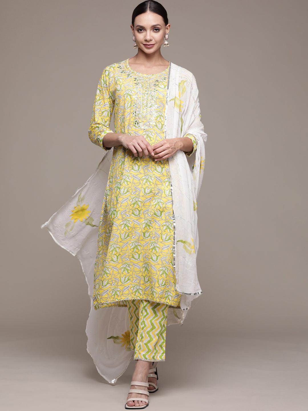 Women's Cotton Yellow Embroidered A-Line Kurta Trouser Dupatta Set - Ishin - Indiakreations