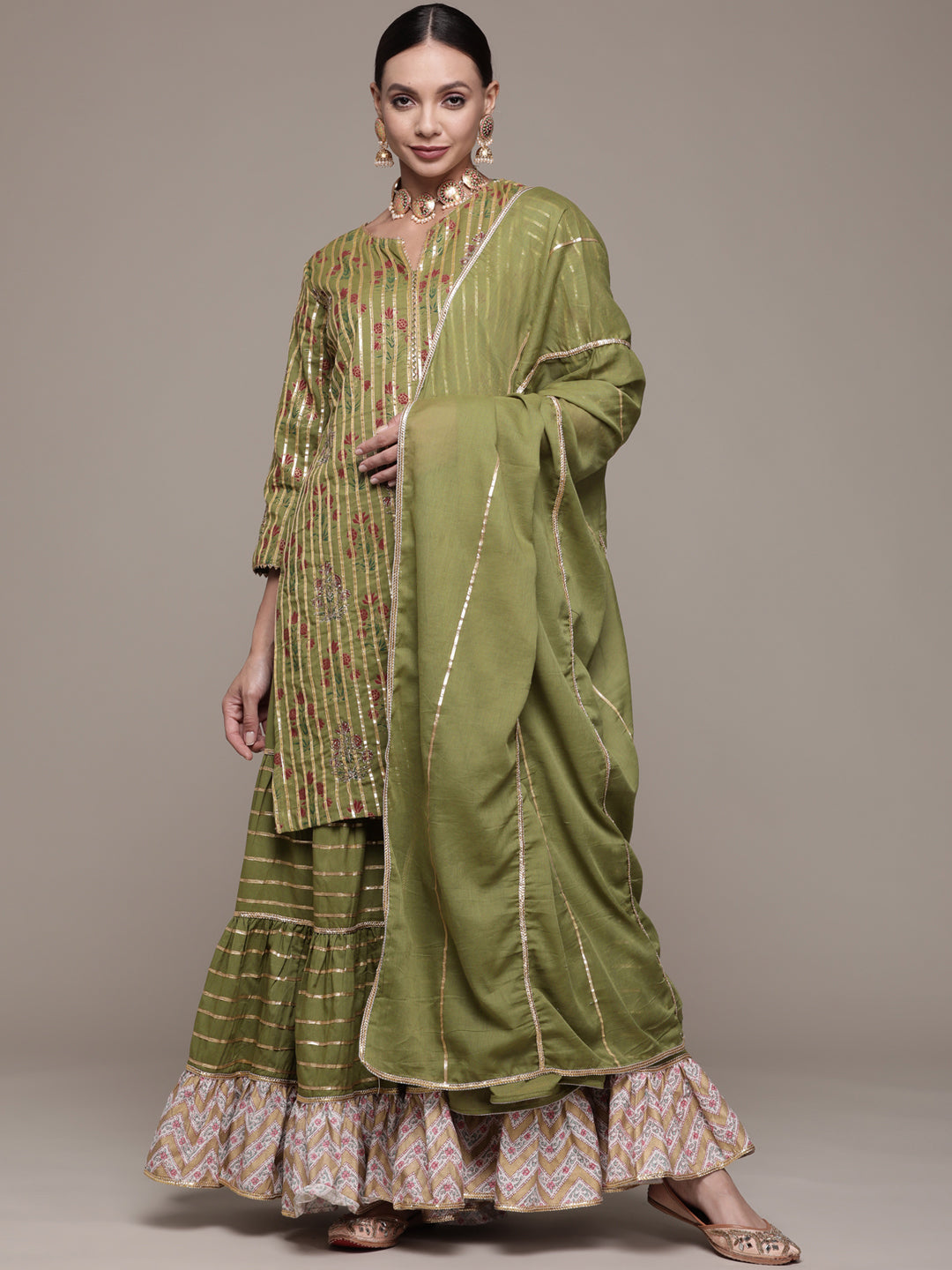 Women's Cotton Green Embroidered A-Line Kurta Sharara Dupatta Set - Ishin