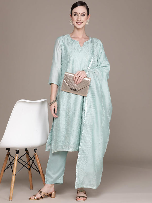 Women's Green Embroidered Straight Kurta With Trouser & Dupatta - Ishin - Indiakreations