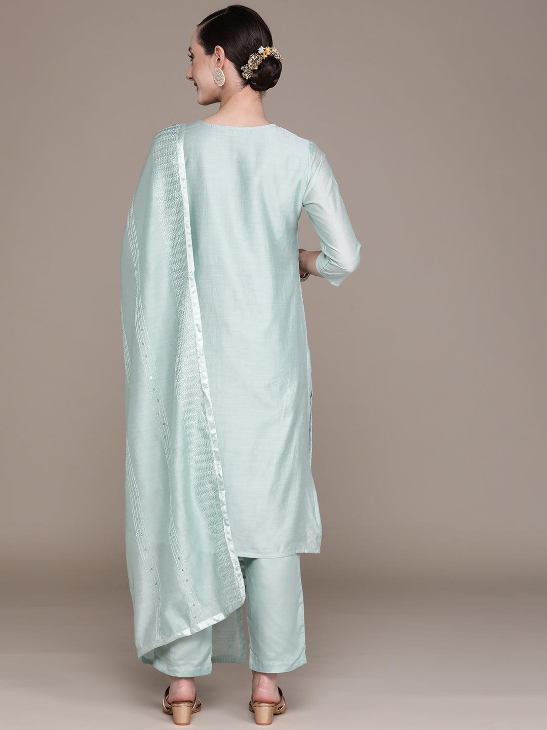 Women's Green Embroidered Straight Kurta With Trouser & Dupatta - Ishin - Indiakreations