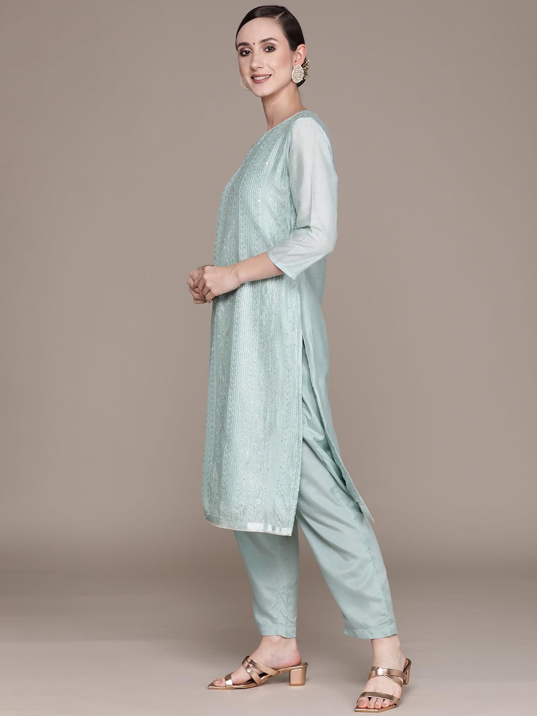 Women's Green Embroidered Straight Kurta With Trouser & Dupatta - Ishin - Indiakreations