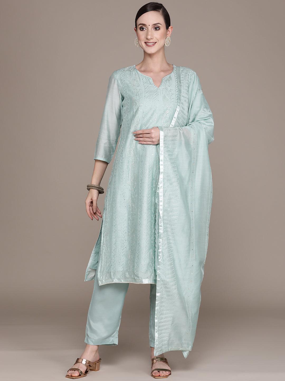 Women's Green Embroidered Straight Kurta With Trouser & Dupatta - Ishin - Indiakreations