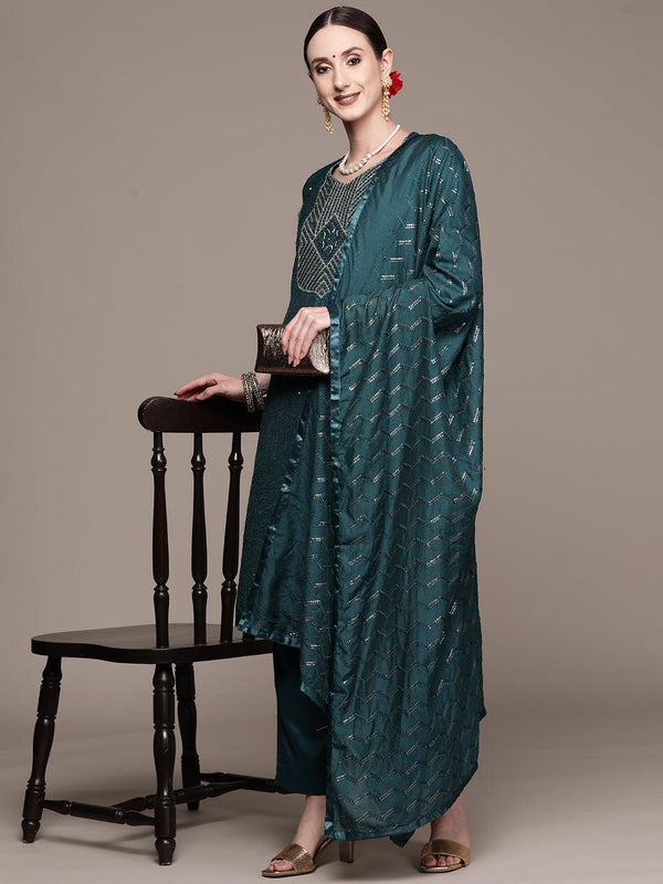 Women's Teal Embellished A-Line Kurta With Trouser & Dupatta - Ishin - Indiakreations