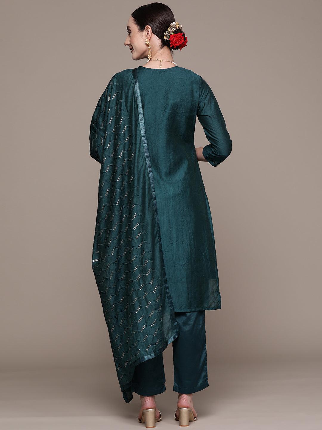 Women's Teal Embellished A-Line Kurta With Trouser & Dupatta - Ishin - Indiakreations