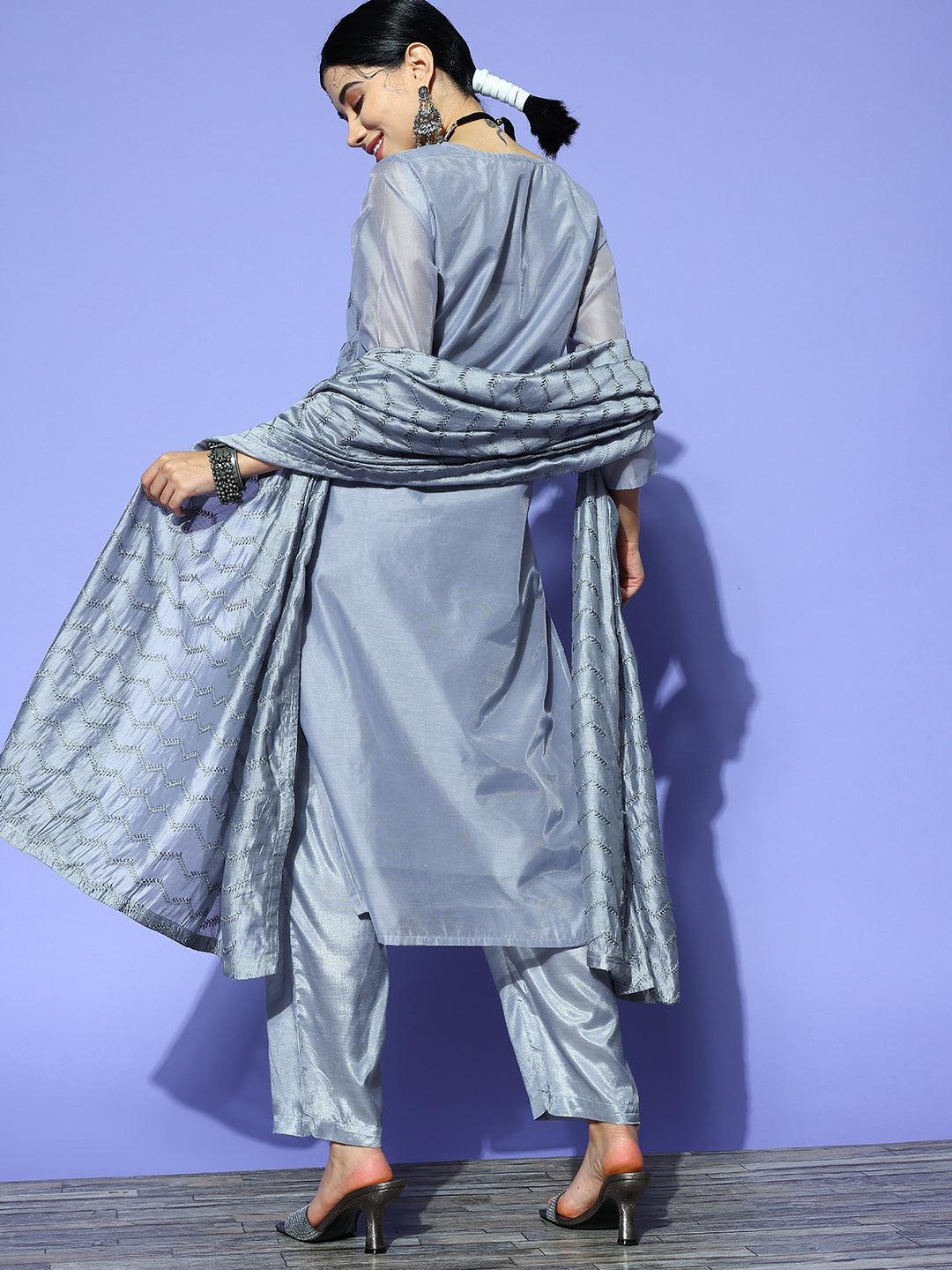 Women's Grey Embellished A-Line Kurta With Trouser & Dupatta - Ishin - Indiakreations