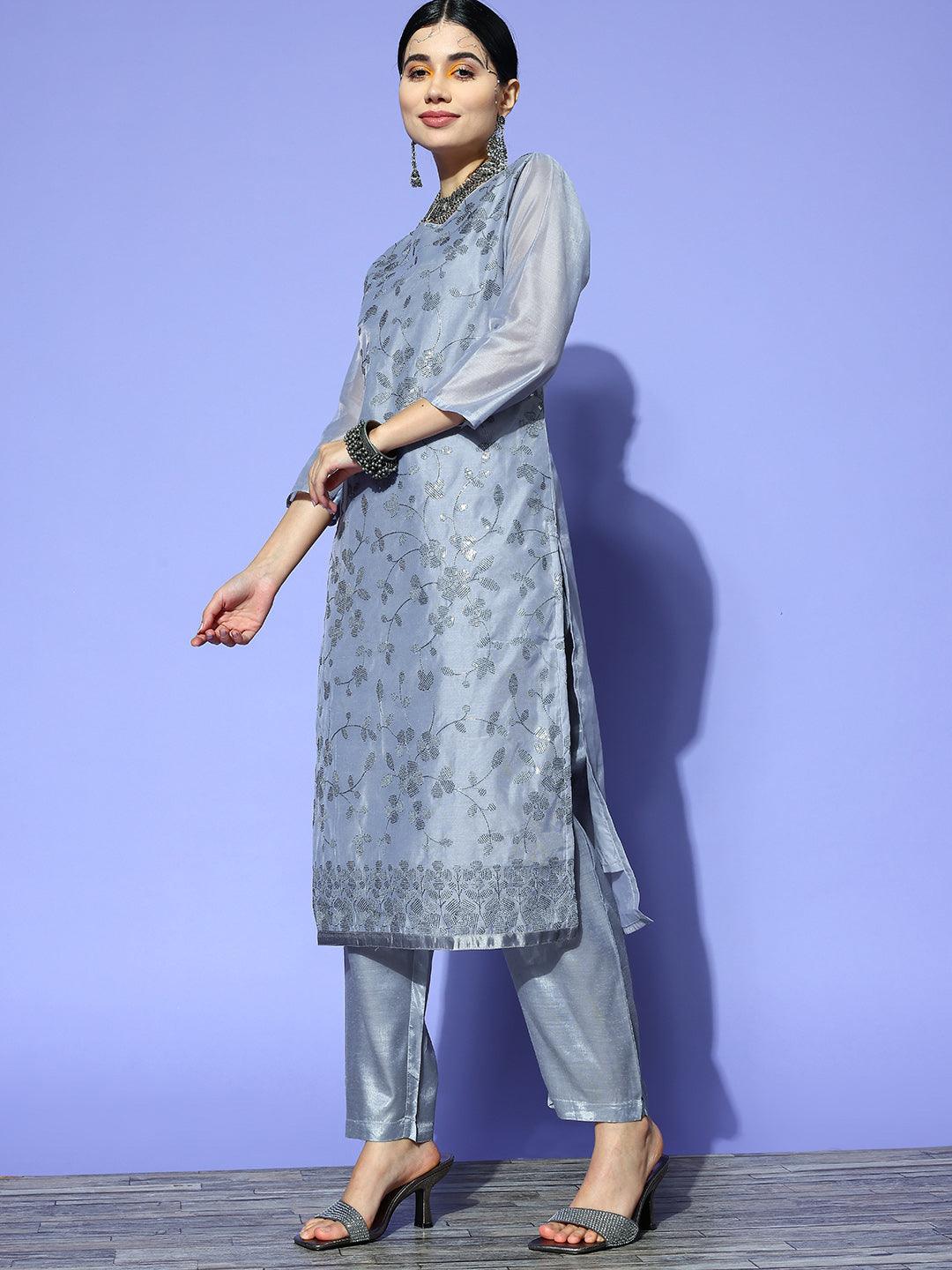 Women's Grey Embellished A-Line Kurta With Trouser & Dupatta - Ishin - Indiakreations