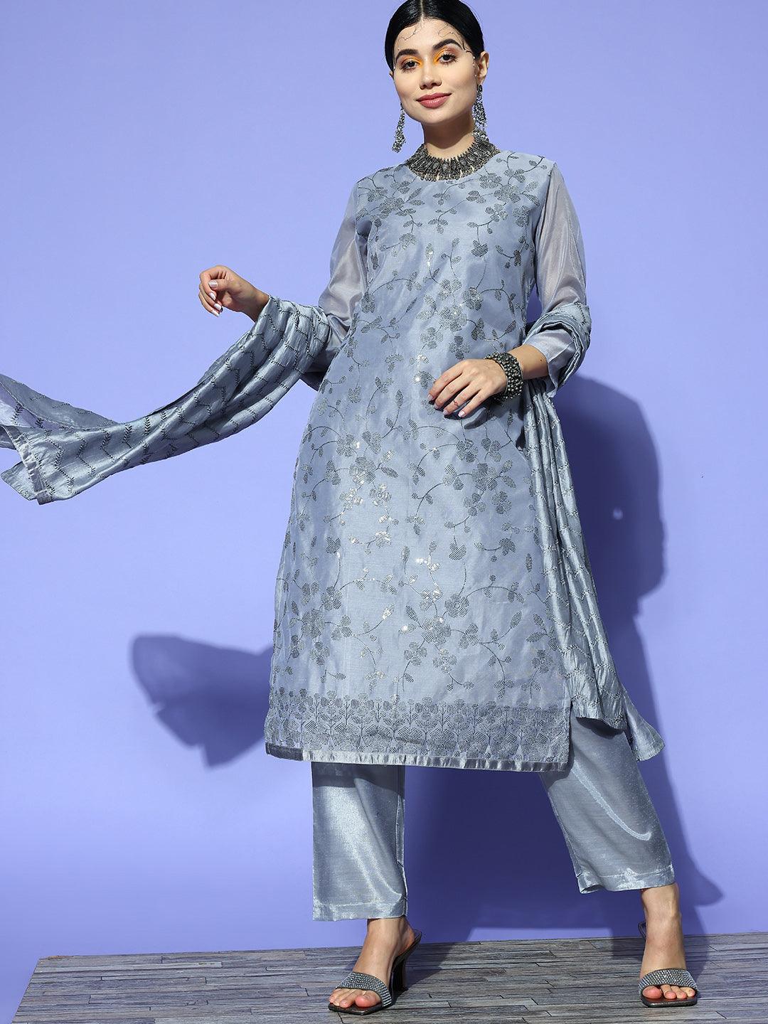 Women's Grey Embellished A-Line Kurta With Trouser & Dupatta - Ishin - Indiakreations