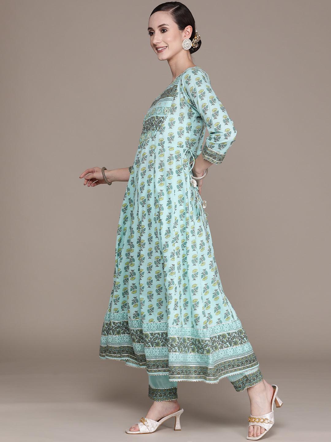 Women's Green Yokke Design Anarkali Kurta With Trouser & Dupatta - Ishin - Indiakreations