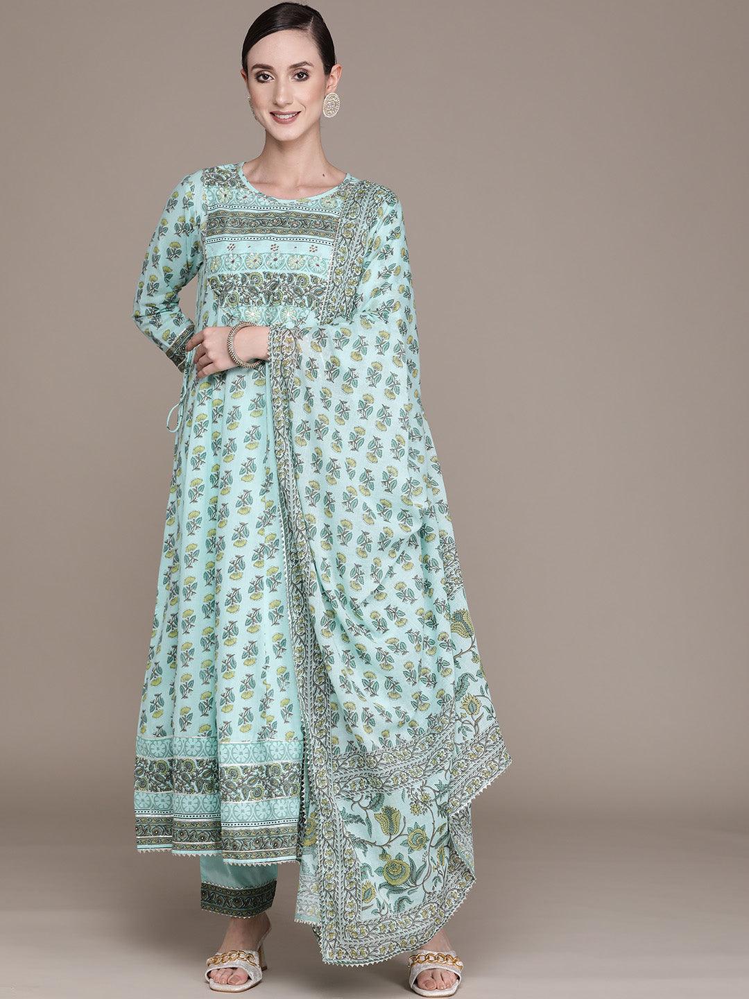 Women's Green Yokke Design Anarkali Kurta With Trouser & Dupatta - Ishin - Indiakreations