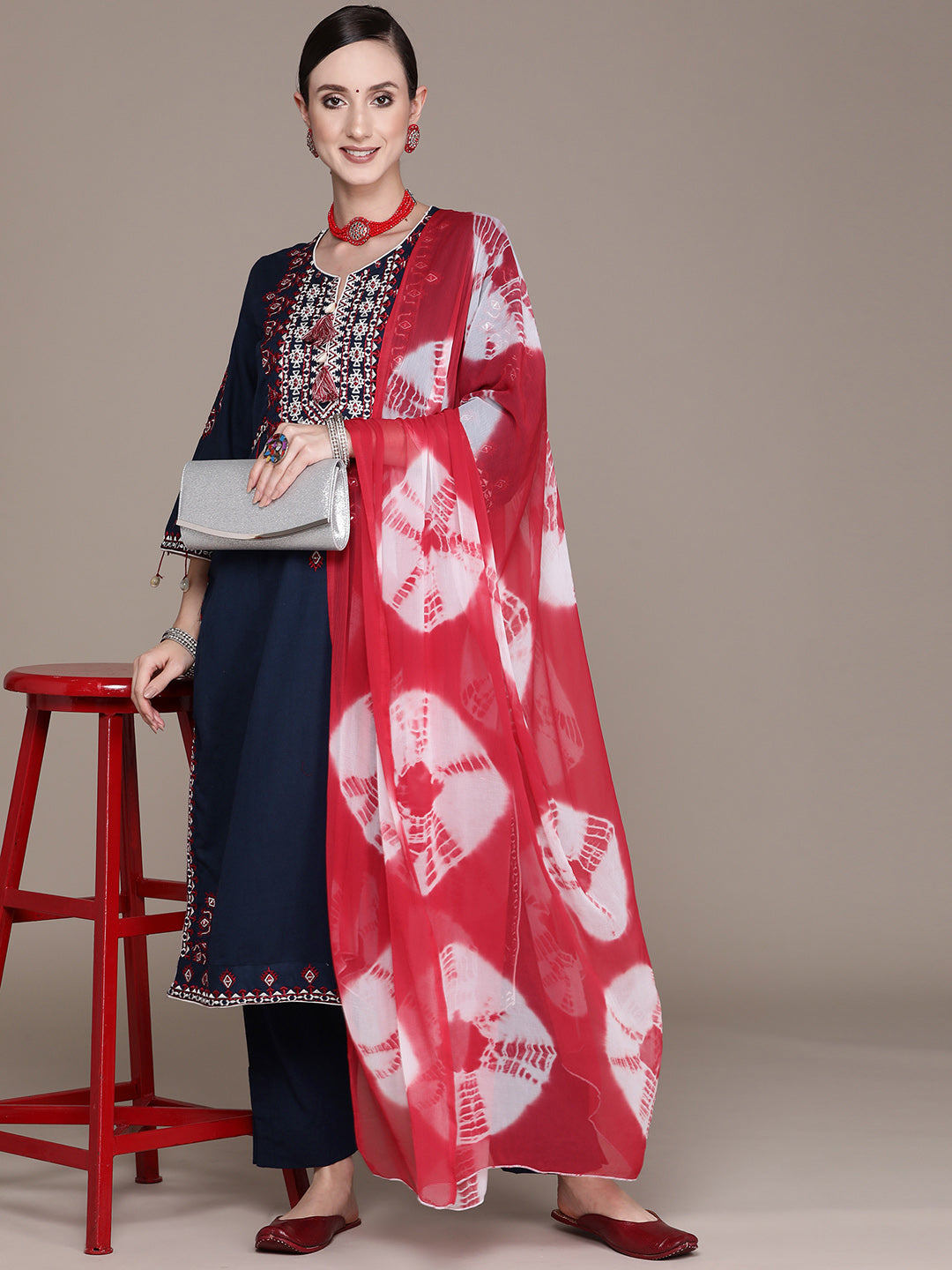 Women's Navy Blue Embroidered High Slit Kurta With Trouser & Dupatta - Ishin