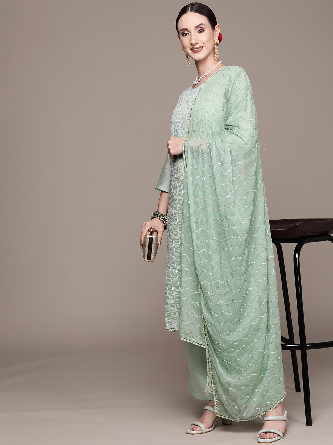 Women's Green Embroidered A-Line Kurta With Trouser & Dupatta - Ishin