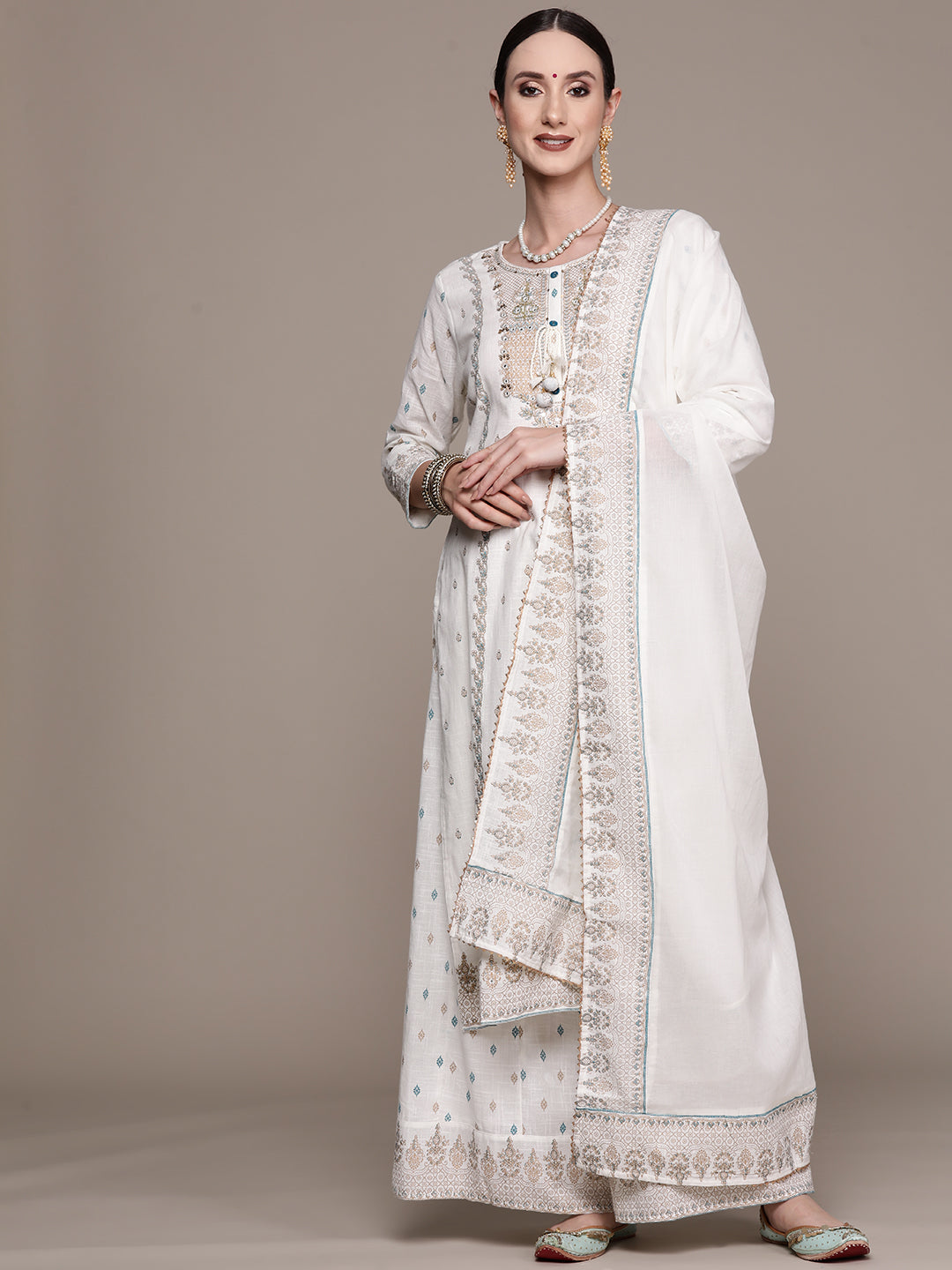 Women's Off White Embroidered A-Line Kurta With Sharara & Dupatta - Ishin