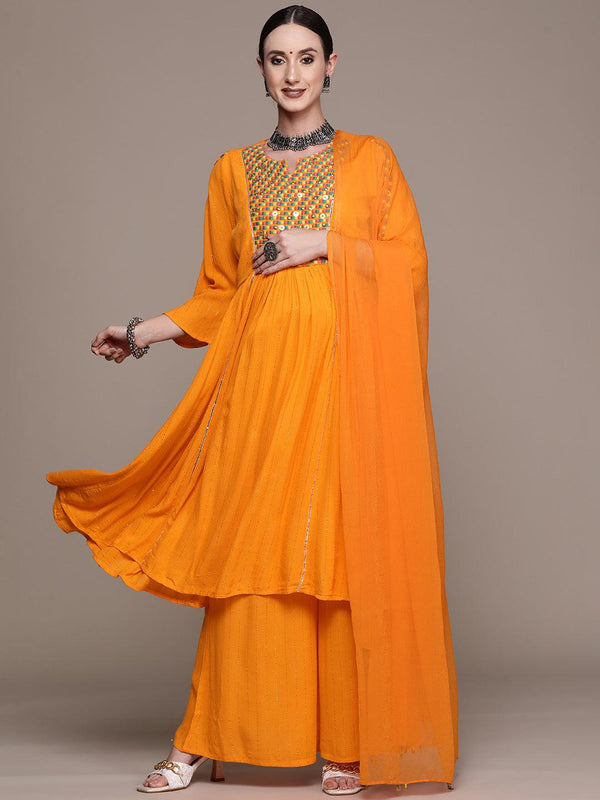 Women's Orange Embroidered Anarkali Kurta With Sharara & Dupatta - Ishin - Indiakreations