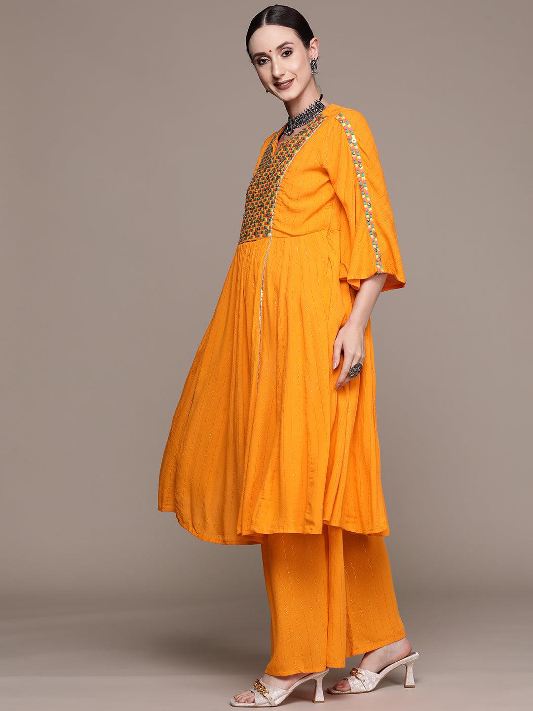 Women's Orange Embroidered Anarkali Kurta With Sharara & Dupatta - Ishin - Indiakreations