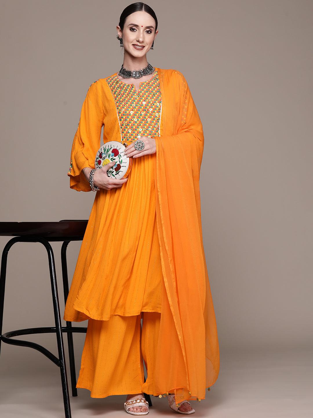 Women's Orange Embroidered Anarkali Kurta With Sharara & Dupatta - Ishin - Indiakreations