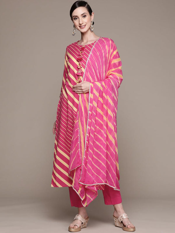 Women's Cotton Pink Embroidered A-Line Kurta With Trouser & Dupatta - Ishin - Indiakreations