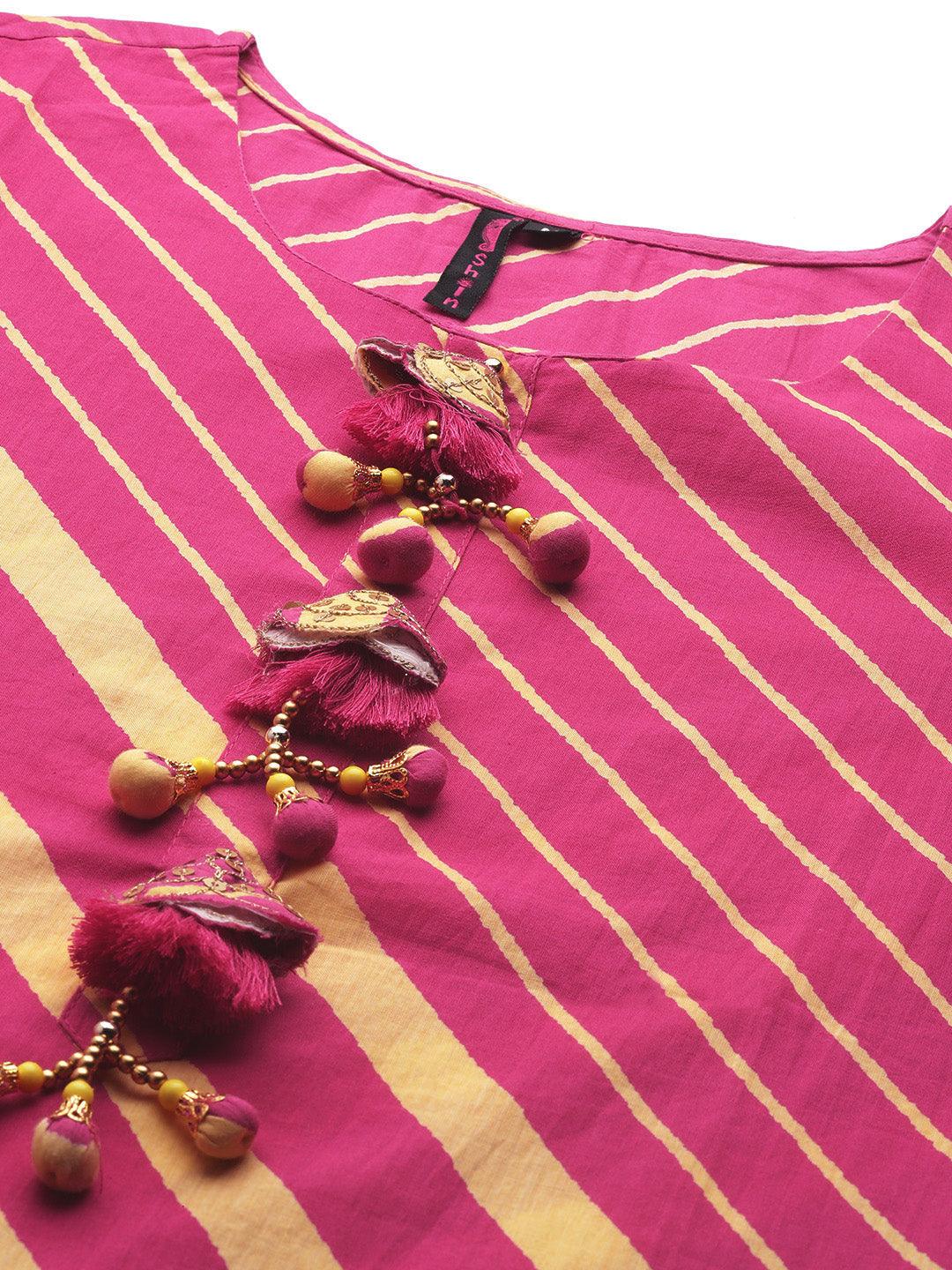 Women's Cotton Pink Embroidered A-Line Kurta With Trouser & Dupatta - Ishin - Indiakreations