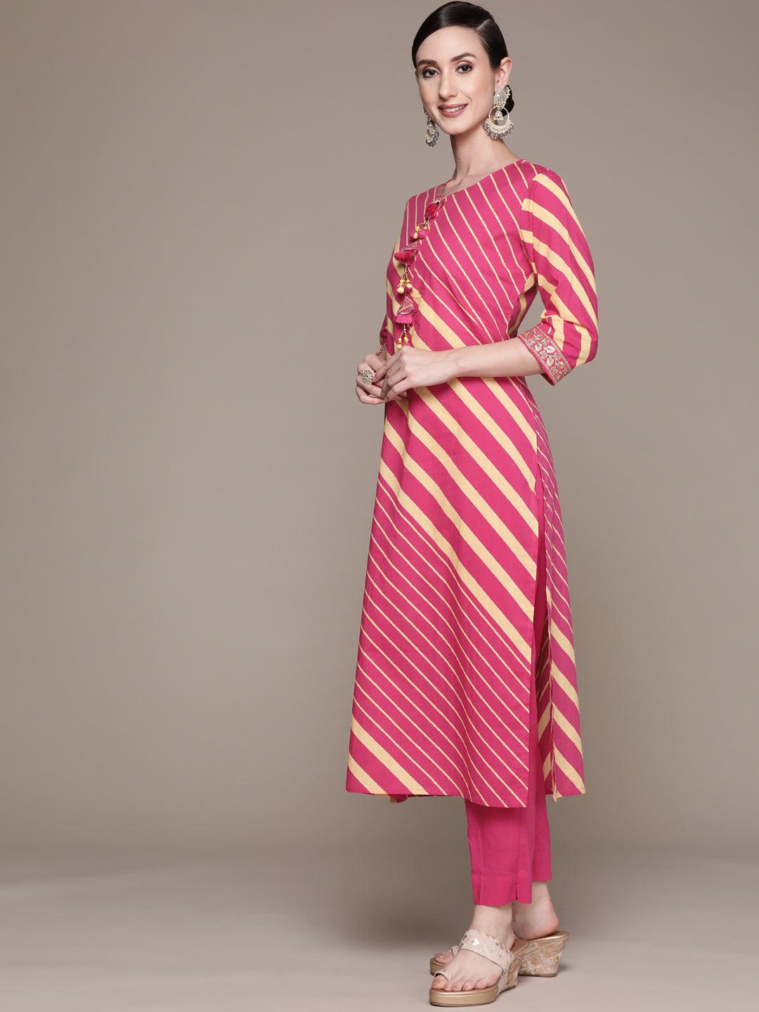 Women's Cotton Pink Embroidered A-Line Kurta With Trouser & Dupatta - Ishin - Indiakreations