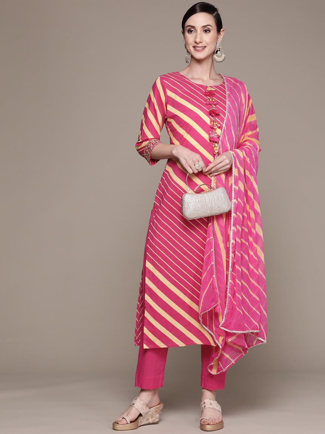 Women's Cotton Pink Embroidered A-Line Kurta With Trouser & Dupatta - Ishin - Indiakreations