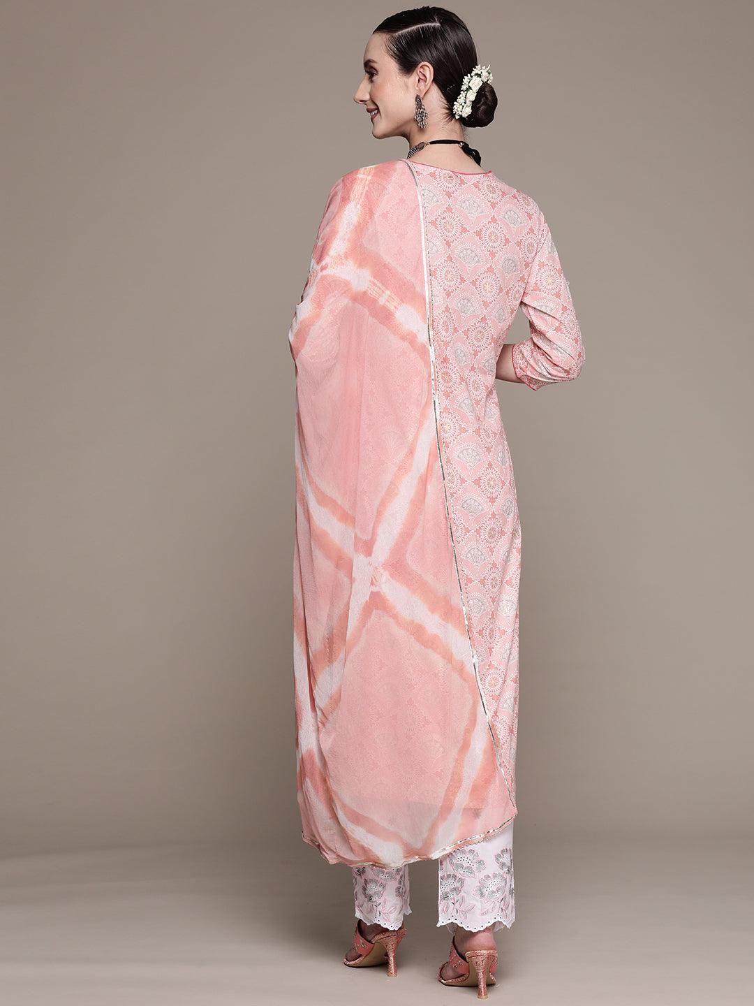 Women's Cotton Pink Embroidered A-Line Kurta With Trouser & Dupatta - Ishin - Indiakreations