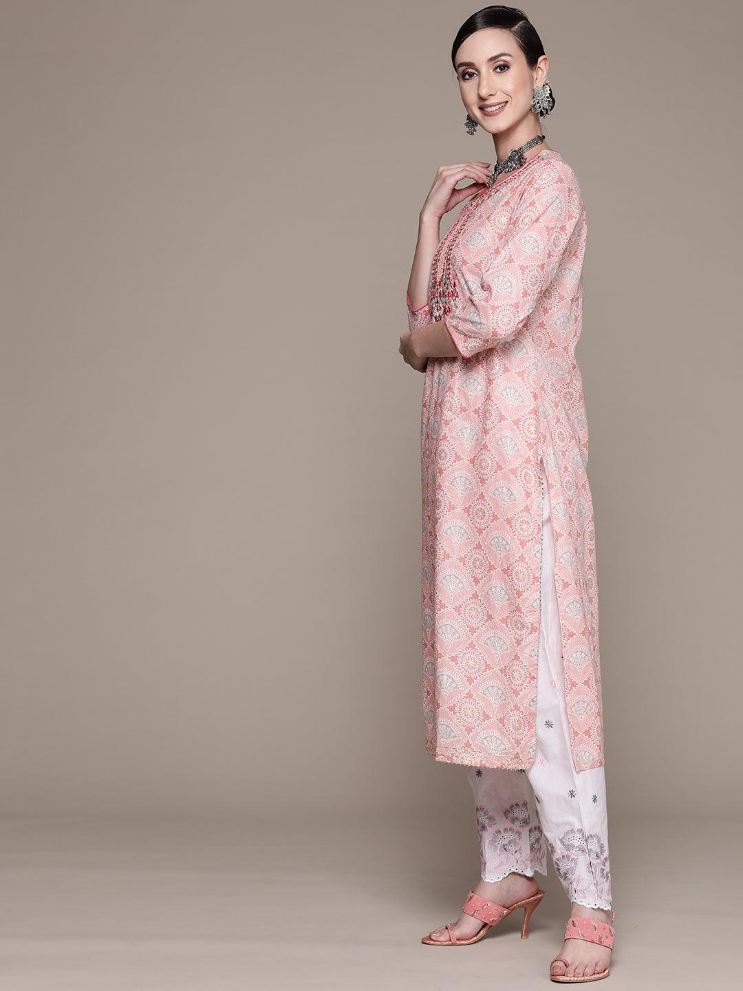 Women's Cotton Pink Embroidered A-Line Kurta With Trouser & Dupatta - Ishin - Indiakreations