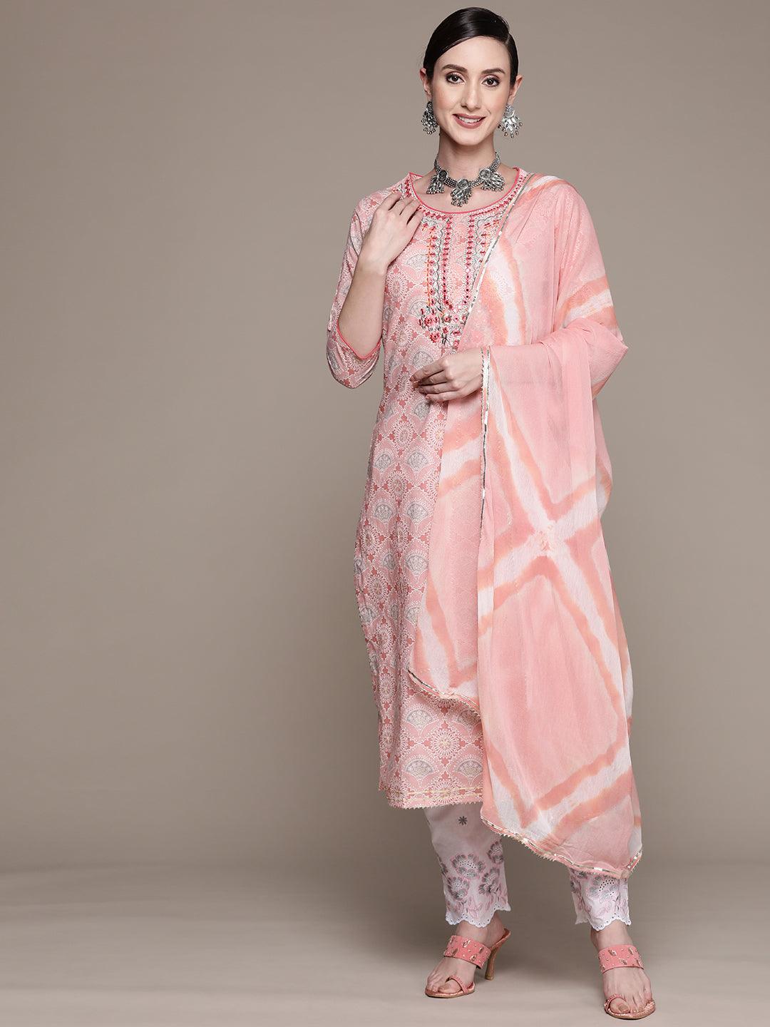 Women's Cotton Pink Embroidered A-Line Kurta With Trouser & Dupatta - Ishin - Indiakreations