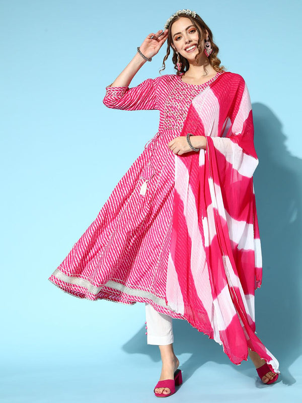 Women's Pink & White Embroidered Anarkali Kurta With Trouser & Dupatta - Ishin - Indiakreations