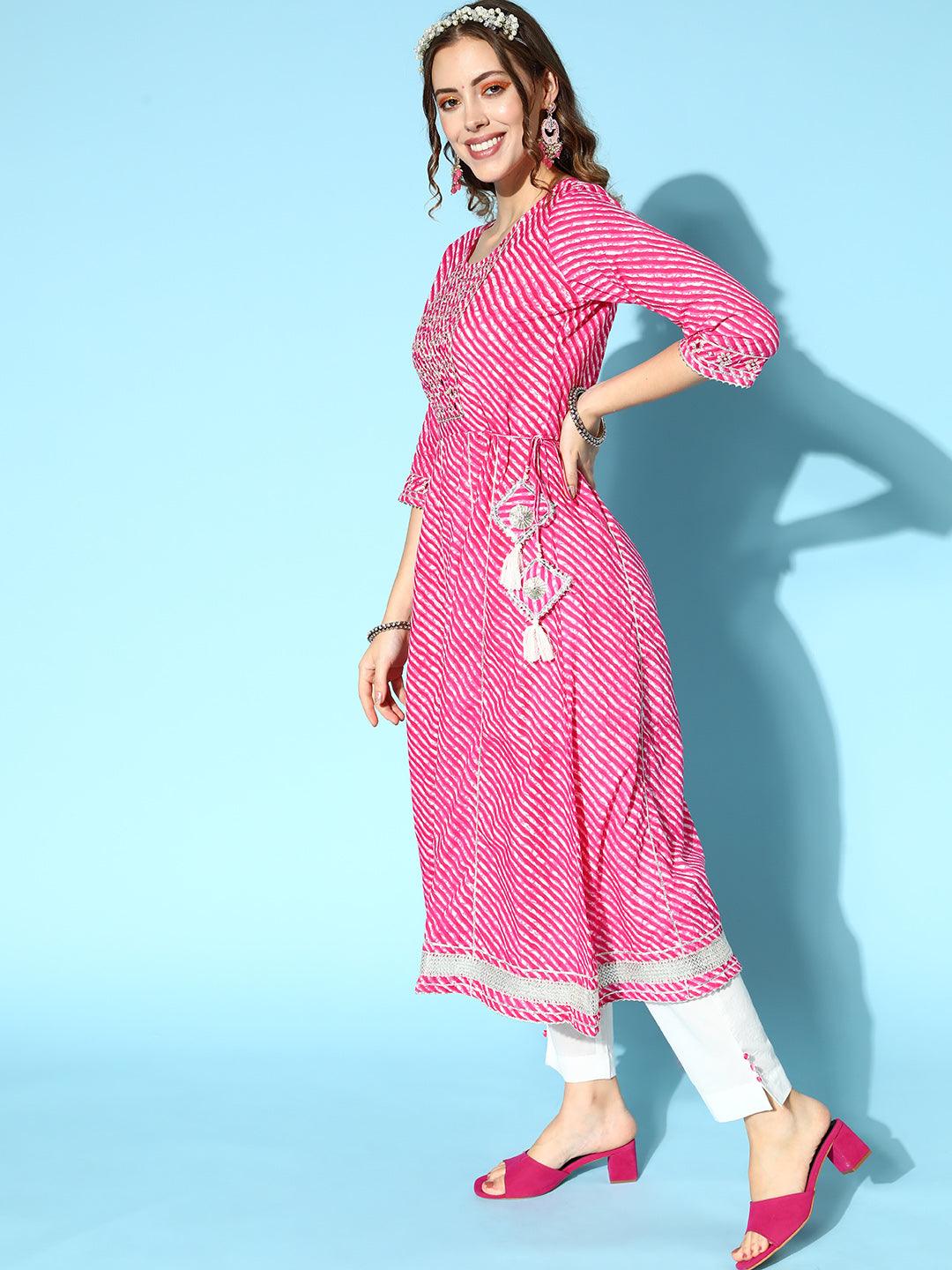 Women's Pink & White Embroidered Anarkali Kurta With Trouser & Dupatta - Ishin - Indiakreations