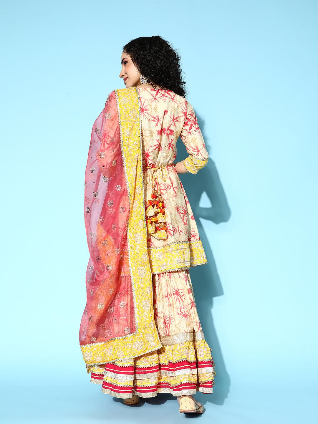 Women's Silk Blend Cream Embroidered Peplum Kurta With Sharara & Dupatta - Ishin - Indiakreations