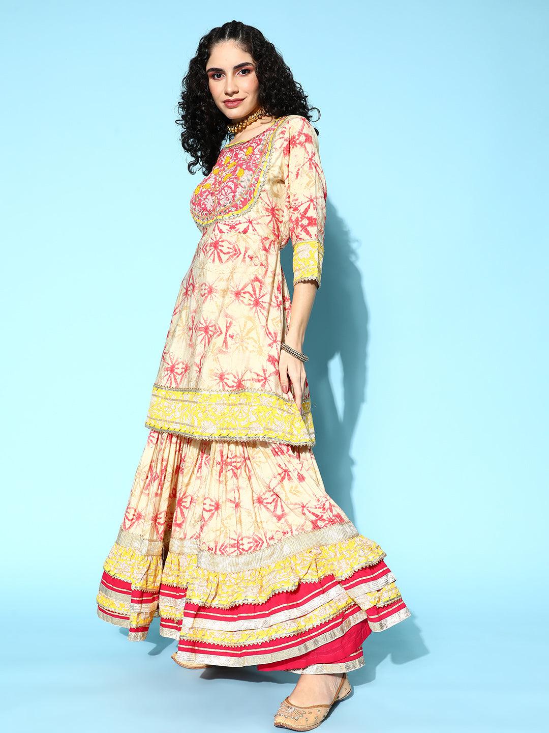 Women's Silk Blend Cream Embroidered Peplum Kurta With Sharara & Dupatta - Ishin - Indiakreations