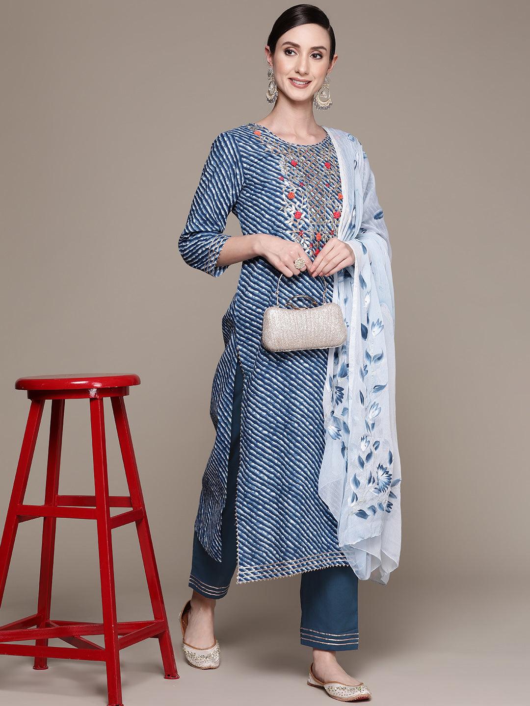 Women's Cotton Blue Embroidered A-Line Kurta With Trouser & Dupatta - Ishin - Indiakreations